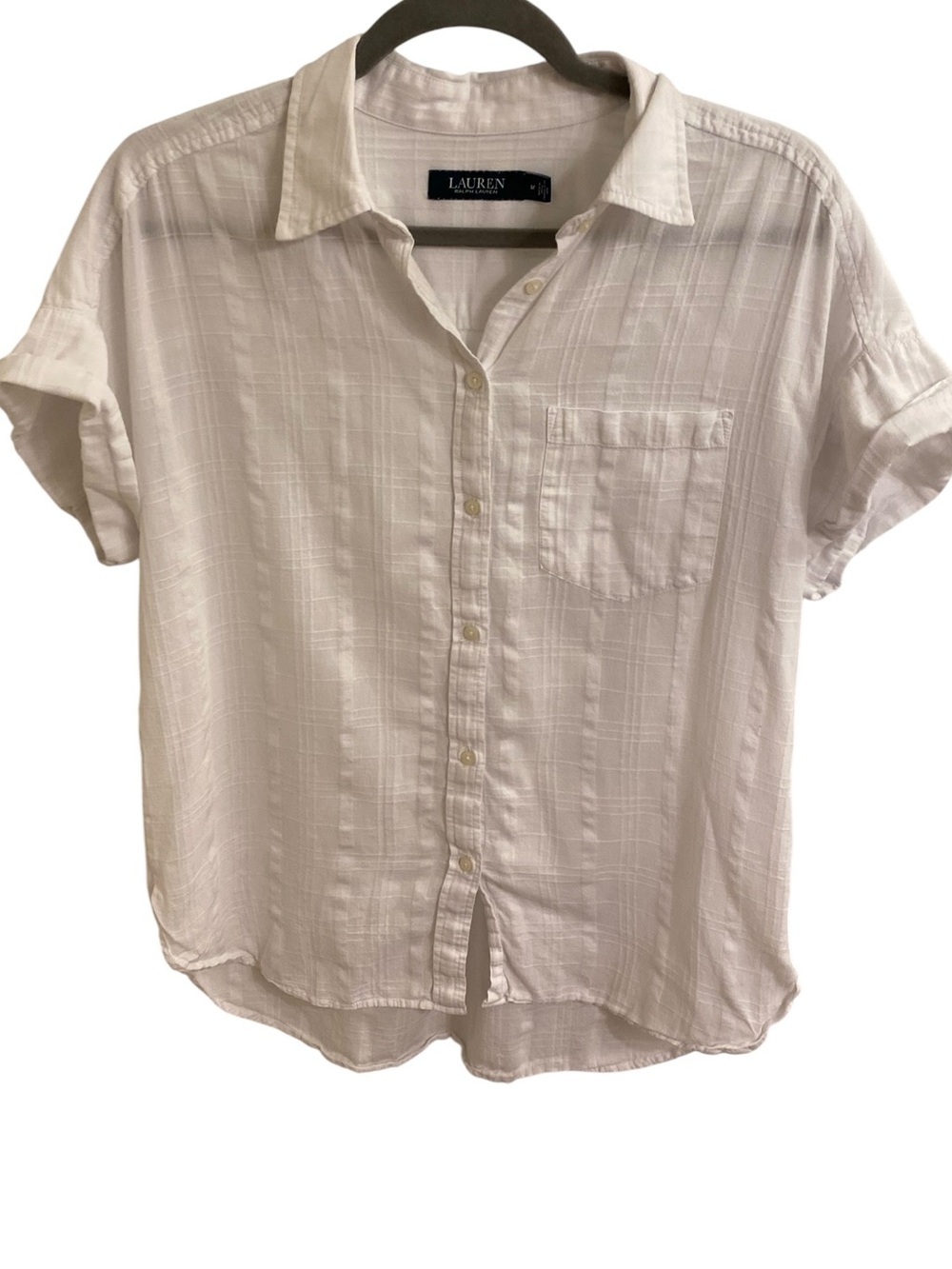 LAUREN RALPH LAUREN WHITE COTTON VOILE WINDOWPANE BUTTON FRONT SHIRT MEDIUM